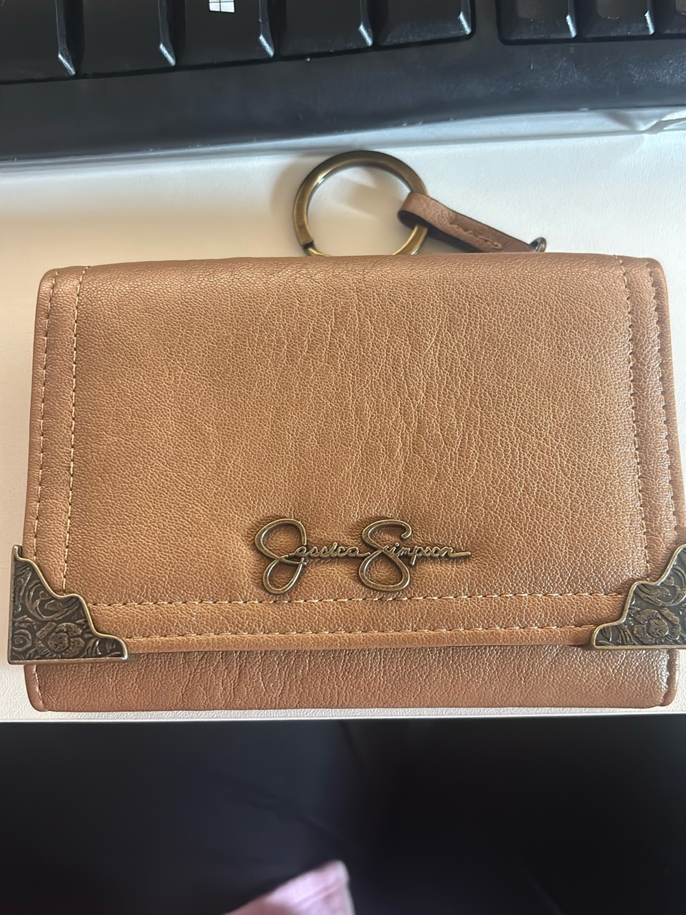 Jessica Simpson Brown Leather Card Wallet with Key Ring